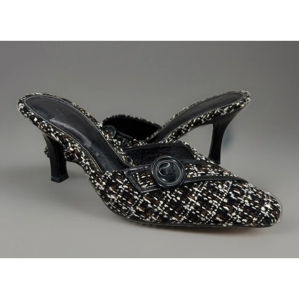 Life Stride Arcade Pandora Tweed  Slip On Mule Heels 8.5 Black Brown Square Toe‎